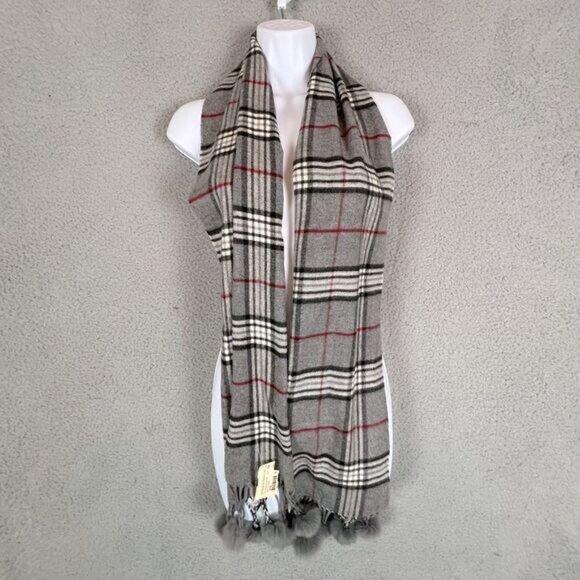WOMENS SCARF GRAY WITH STRIPES RABBIT FUR BALL TASSELS - Picture 1 of 6